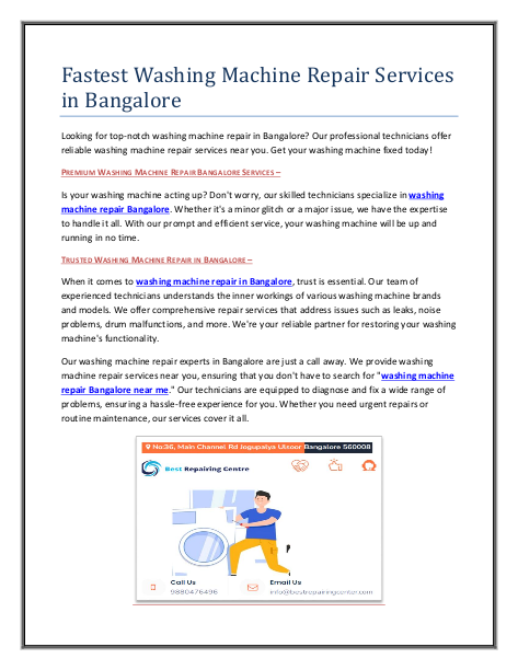 Fastest Washing Machine Repair Services in Bangalore